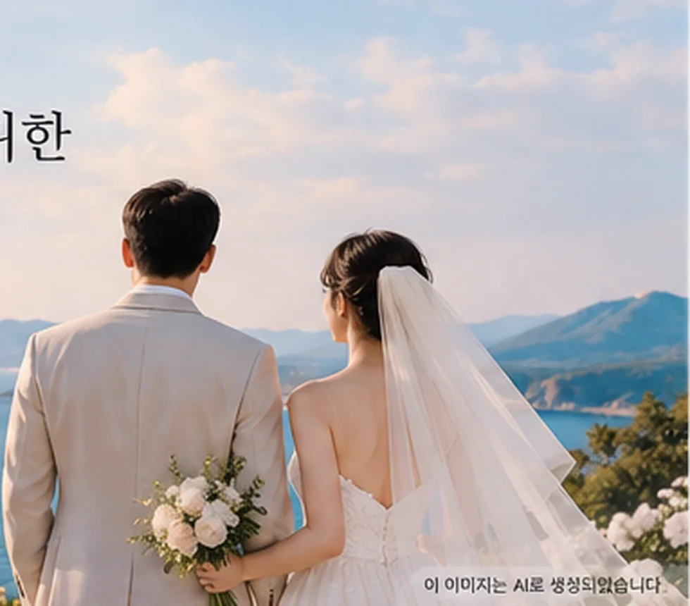 웨딩 커플과 바다 풍경을 표현한 AI 생성 이미지